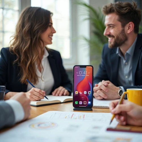 Two people at a bright office table planning an app, a phone showing an app home screen and a notebook of hand drawn app screens beside them