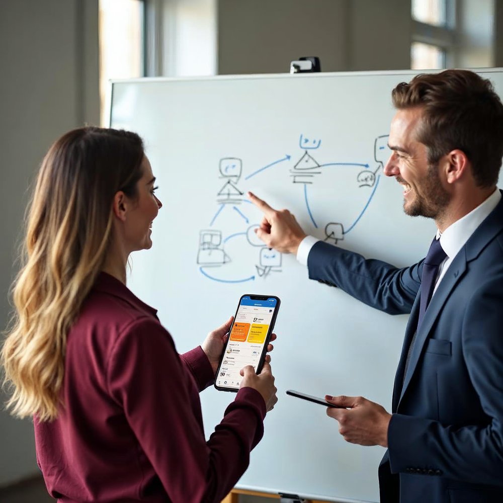 Business owner holding a phone with a booking app screen while a consultant points at a whiteboard showing a flow of connected boxes