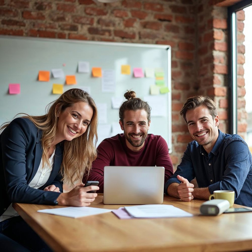 Three smiling teammates around a laptop and a phone at a sunny window table with a sticky note flow chart on the whiteboard behind them
