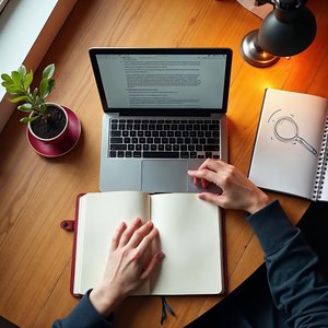 Overhead view of a writer typing a blog article on a laptop at a wooden desk with an open notebook and a plant
