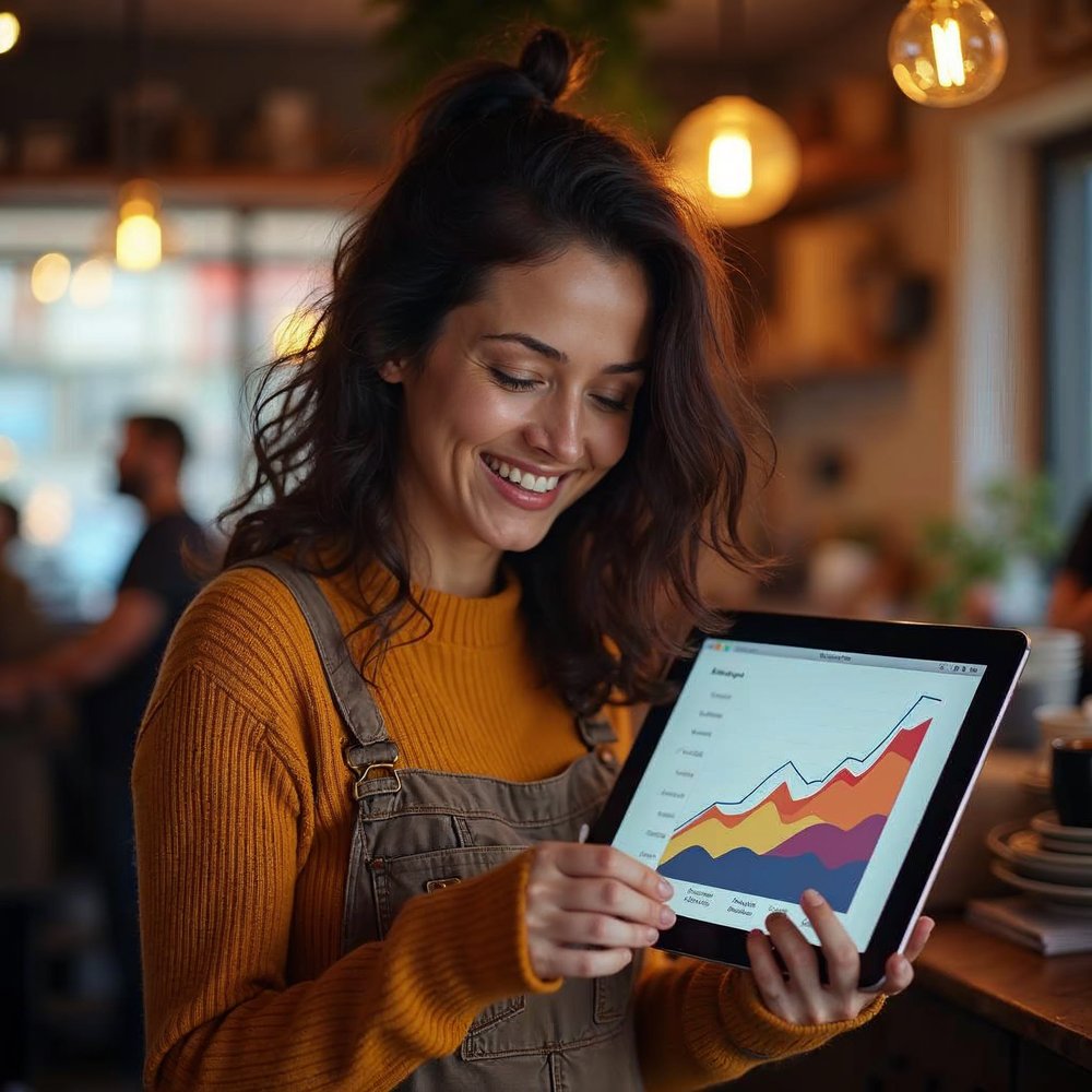 Smiling shop owner in an apron holding a tablet that shows a rising colorful line chart of website visitors in a cozy shop