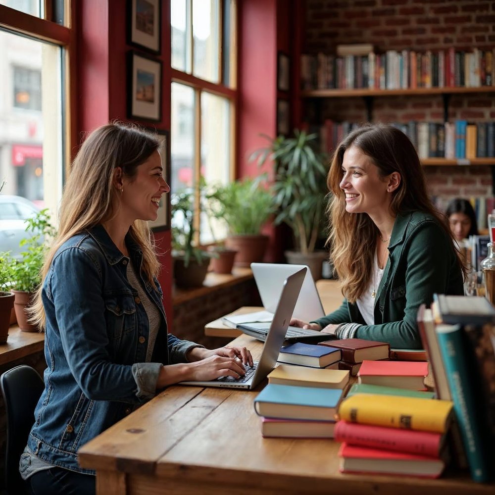 Two smiling women chatting at a wooden table with stacks of colorful books and a laptop in a bookstore with a brick wall