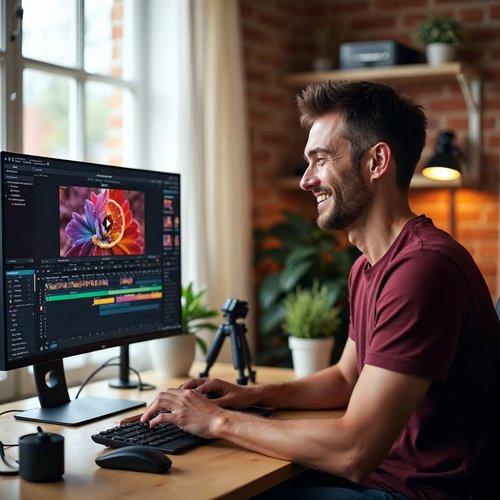 Smiling man editing a video on a monitor showing a colorful timeline and preview, with a small camera on a tripod beside the desk