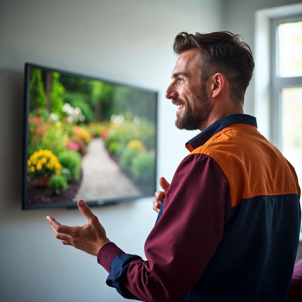 Smiling landscaper in a maroon and navy jacket gesturing toward a wall TV that shows a colorful flower garden path in a bright office