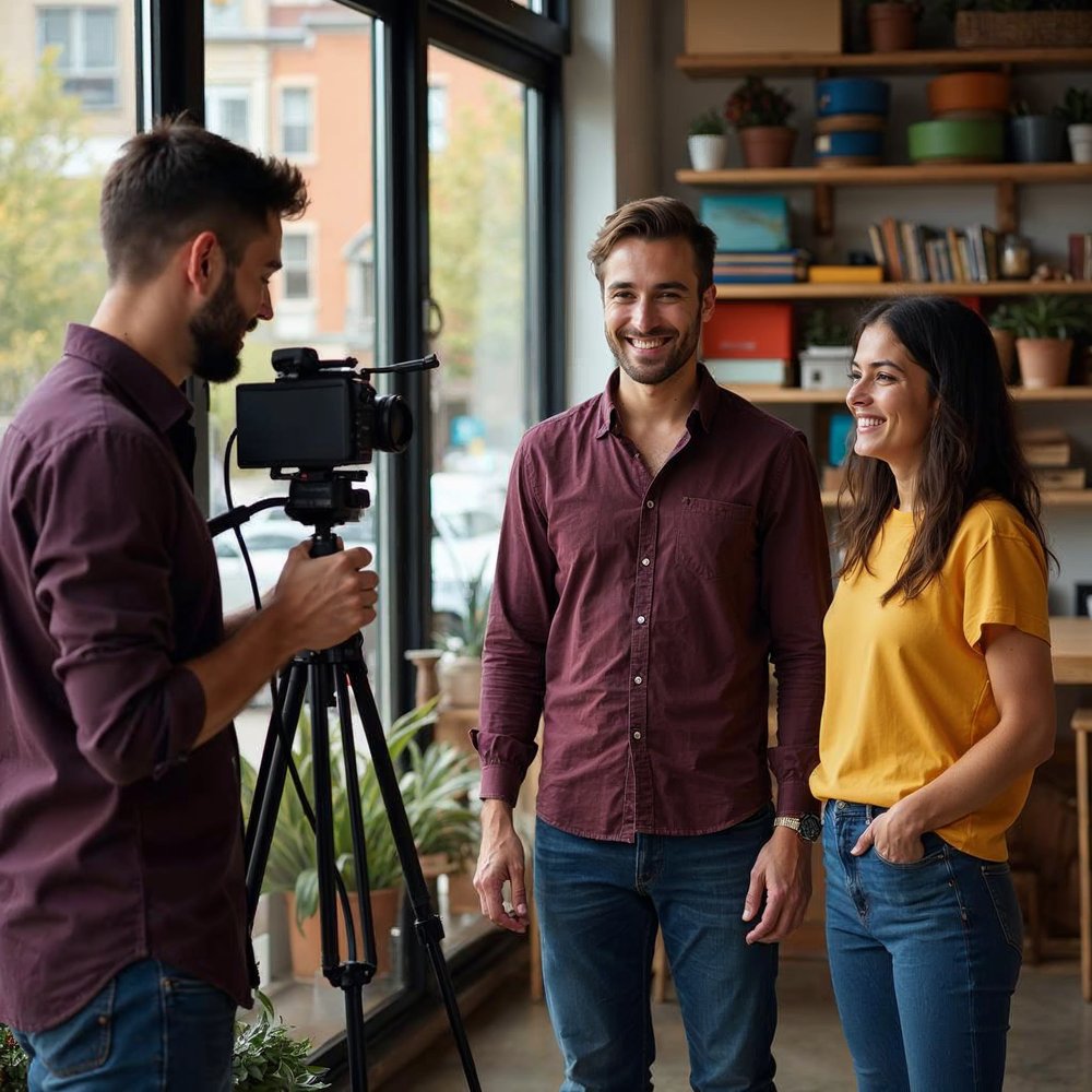 Three smiling coworkers in a bright shop, one filming with a camera on a tripod while two stand together near colorful shelves