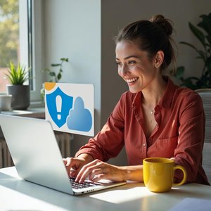 Smiling woman typing on a laptop at a bright desk editing a web page, with a blue shield and cloud icon behind her