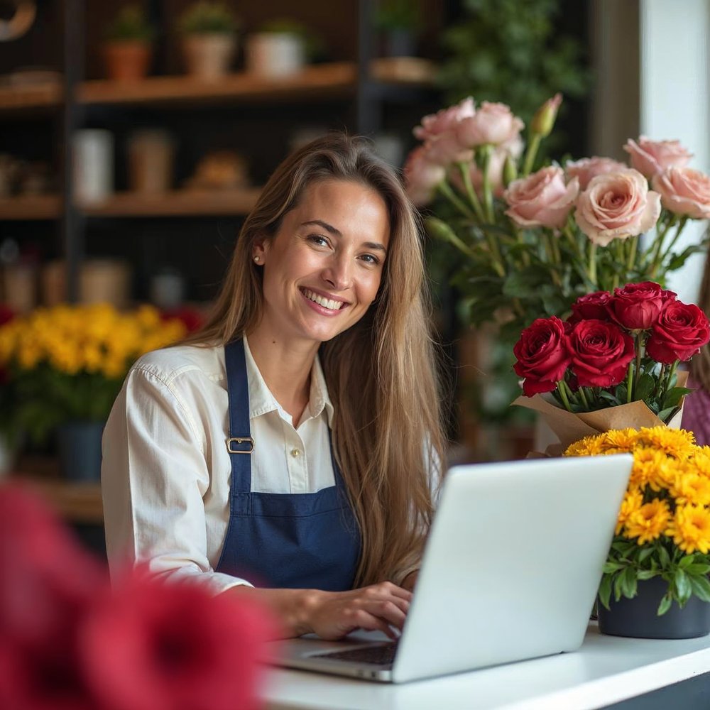 Smiling florist in a navy apron working on a laptop at her counter surrounded by red roses and yellow flowers in a bright shop