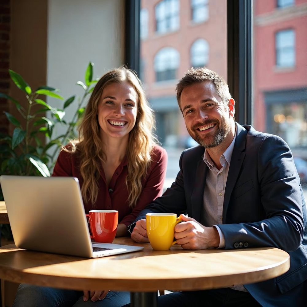 Smiling woman and man sharing a laptop at a round wooden table in a sunny coffee shop with colorful mugs and a brick street outside