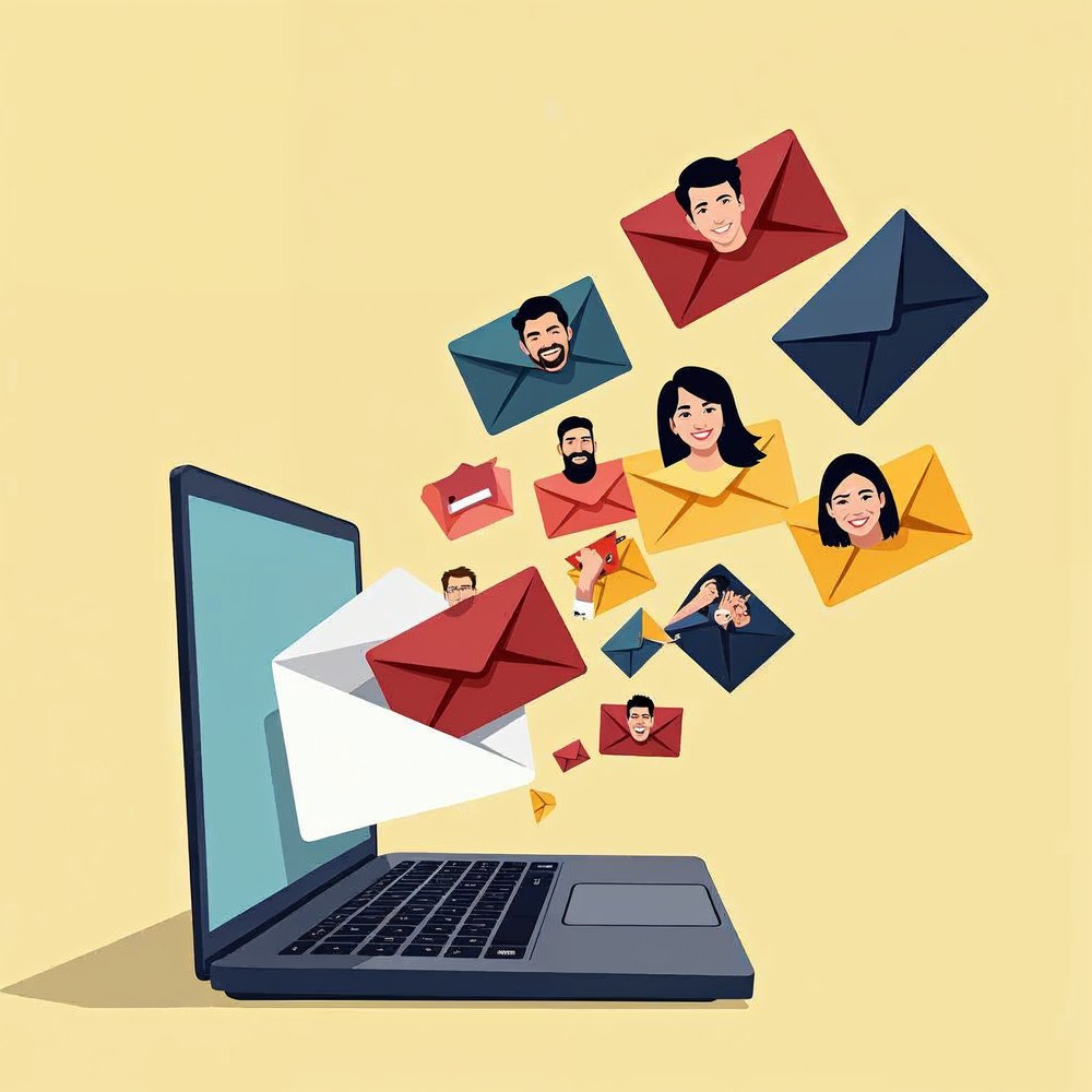 Illustration of an envelope flying out of a laptop and splitting into many small red, navy and yellow envelopes carrying smiling faces
