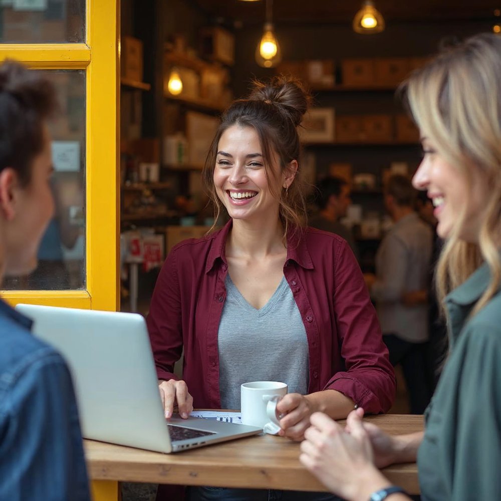 Smiling shop owner at a yellow shop doorway talking with two customers, a laptop open on the table in front of her