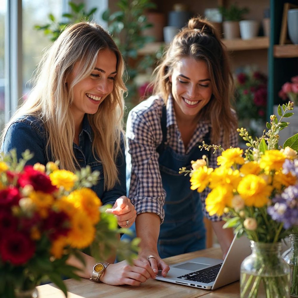 Two smiling florists in aprons arranging bouquets of red, yellow and purple flowers at a workbench while one points at a laptop