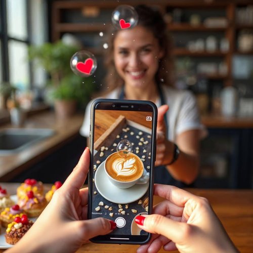 Hands holding a smartphone photographing a latte with heart-shaped art, while a smiling cafe owner and floating heart bubbles appear behind it