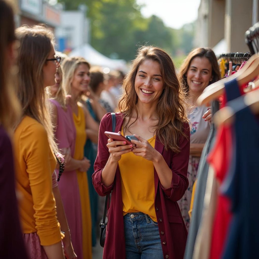 Smiling woman in a maroon cardigan checking her phone in a crowd of happy shoppers beside colorful clothes racks on a sunny street