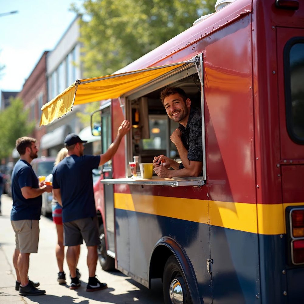 Smiling vendor serving a customer from the window of a maroon and yellow striped food truck on a sunny city street