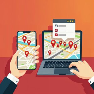 Illustration of hands holding a smartphone and a laptop that both show street maps with many red location pins and a star-rated business listing