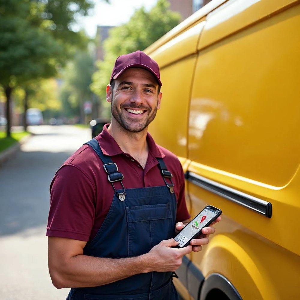 A smiling delivery worker in a yellow van holding a phone on a sunny city street