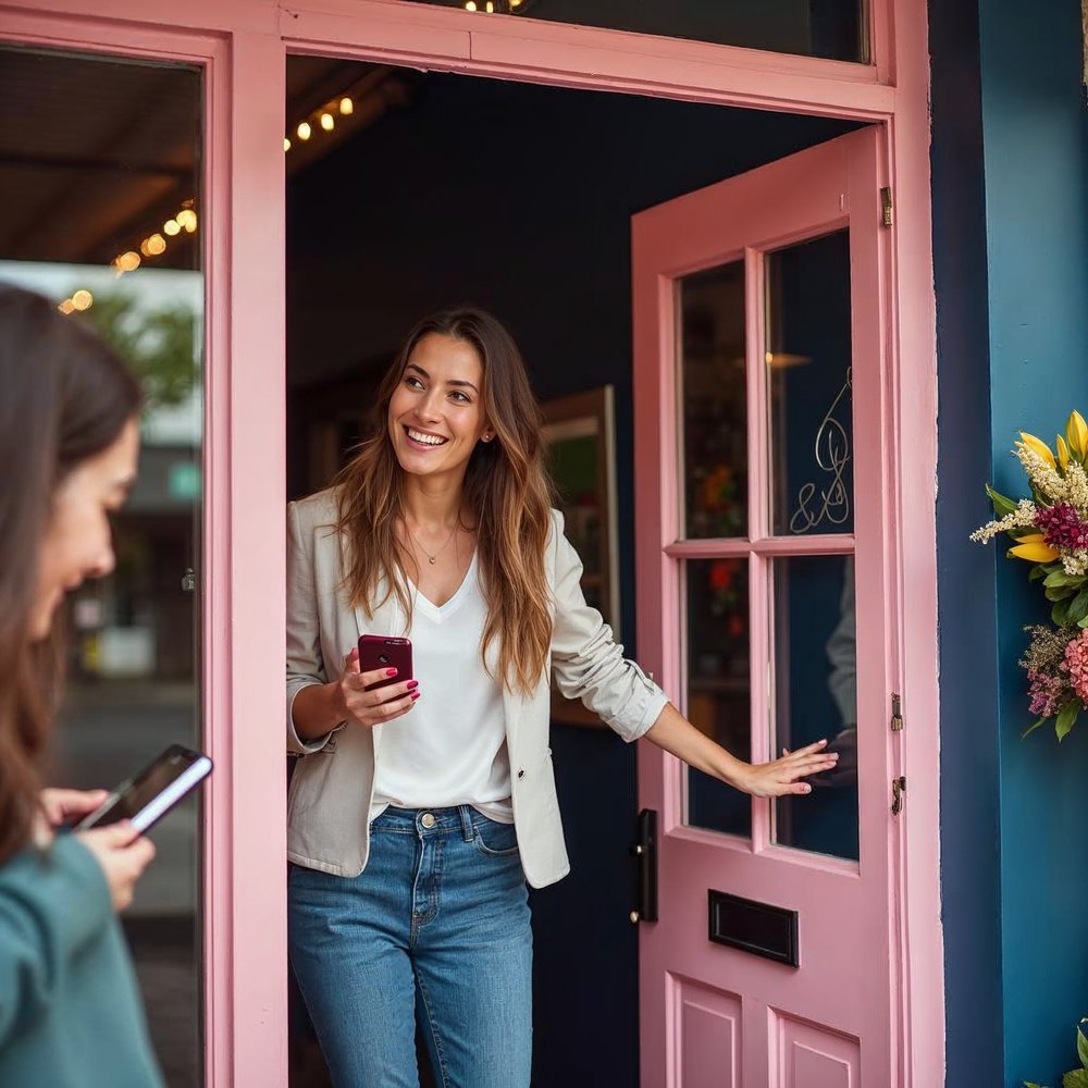 Smiling salon owner opening a pink door with flowers by the entrance while a customer arrives holding a smartphone, bright daylight