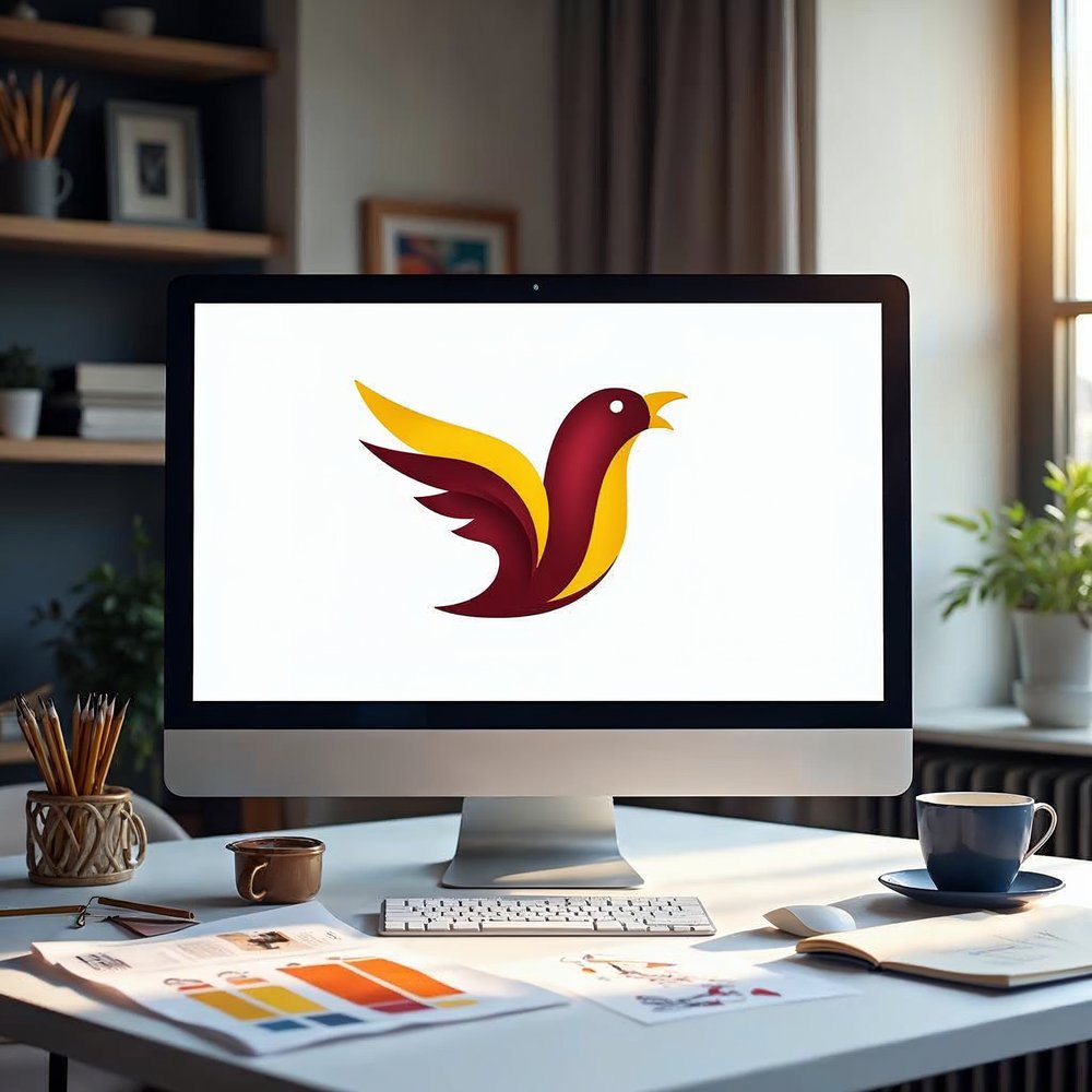Designer desk with a monitor showing a finished maroon and gold bird logo, color swatches and pencil sketches of logo ideas beside it