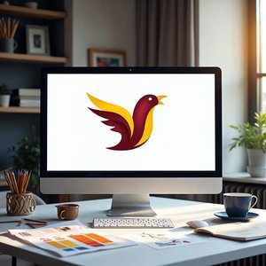 Designer desk with a monitor showing a finished maroon and gold bird logo, color swatches and pencil sketches of logo ideas beside it