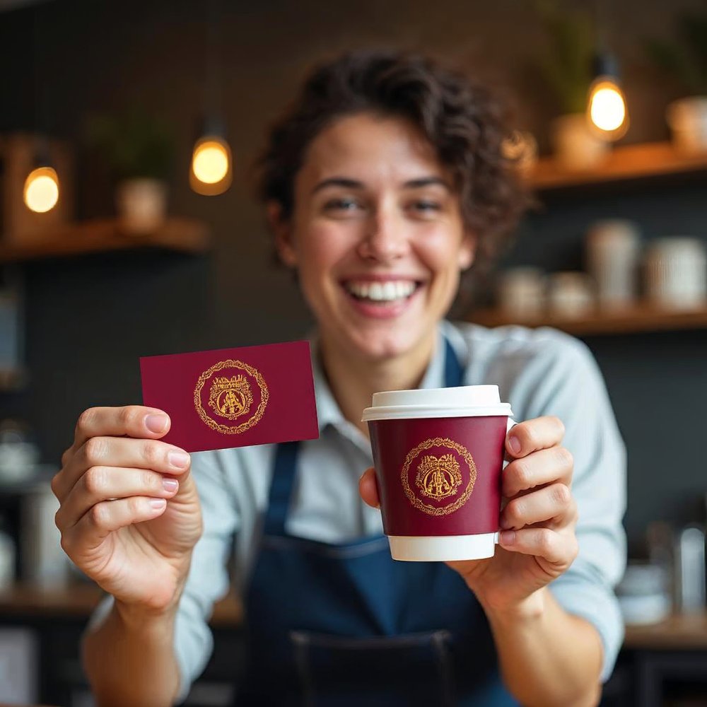 Smiling cafe owner holding a business card and a coffee cup that both show the same maroon and gold emblem