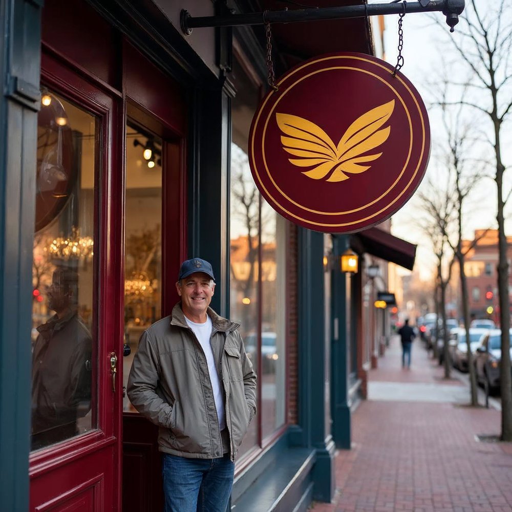 Smiling shop owner standing outside a brick Omaha storefront under a round maroon hanging sign showing a gold winged emblem