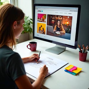 Designer at a bright desk sketching a website layout on paper beside a large monitor showing a colorful finished small business website with photos