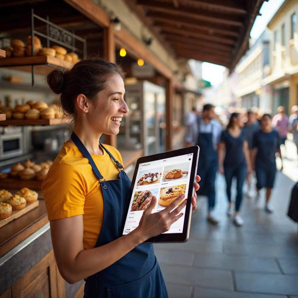 Smiling bakery owner in a navy apron holding a tablet showing her new website with pastry photos while customers walk past her shop