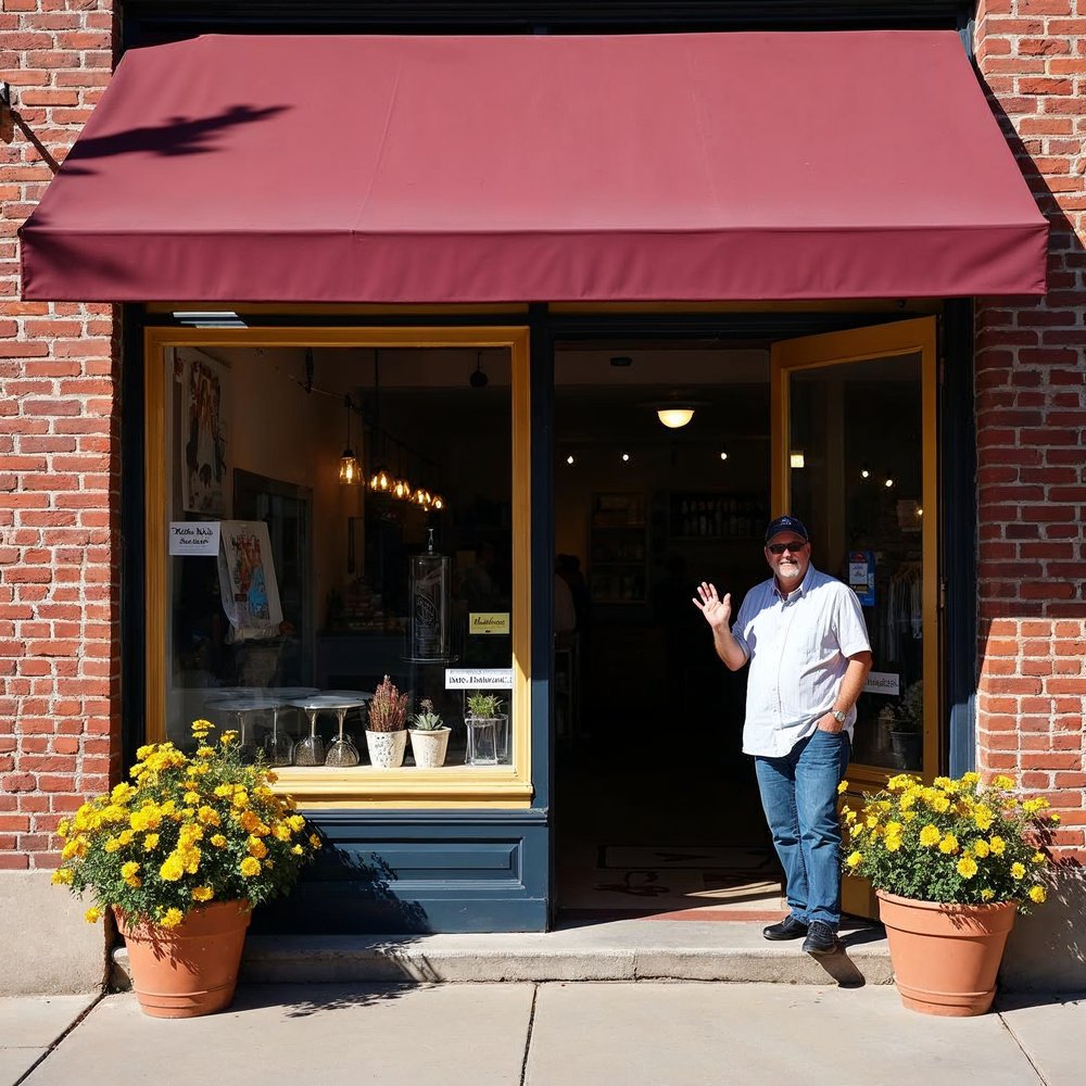 Shop owner waving from the open door of a brick boutique with a maroon awning and pots of yellow flowers on a sunny street