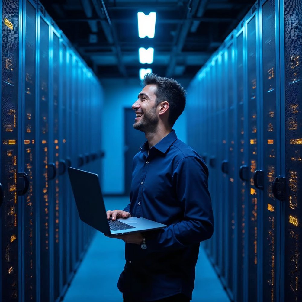 Man in a navy shirt holding a laptop and smiling in a glowing blue aisle of server racks inside a modern data center