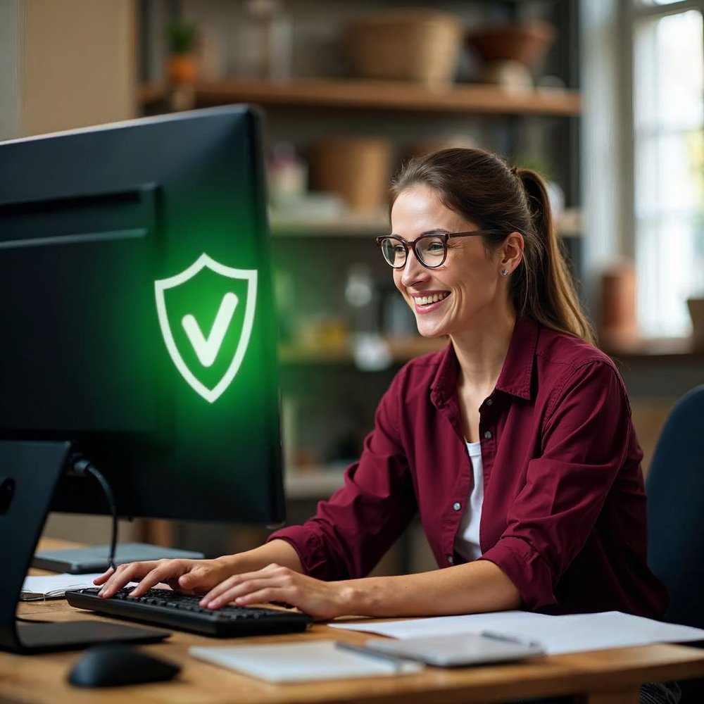 Smiling woman in a maroon sweater typing at a desk beside a black monitor showing a glowing green shield with a checkmark