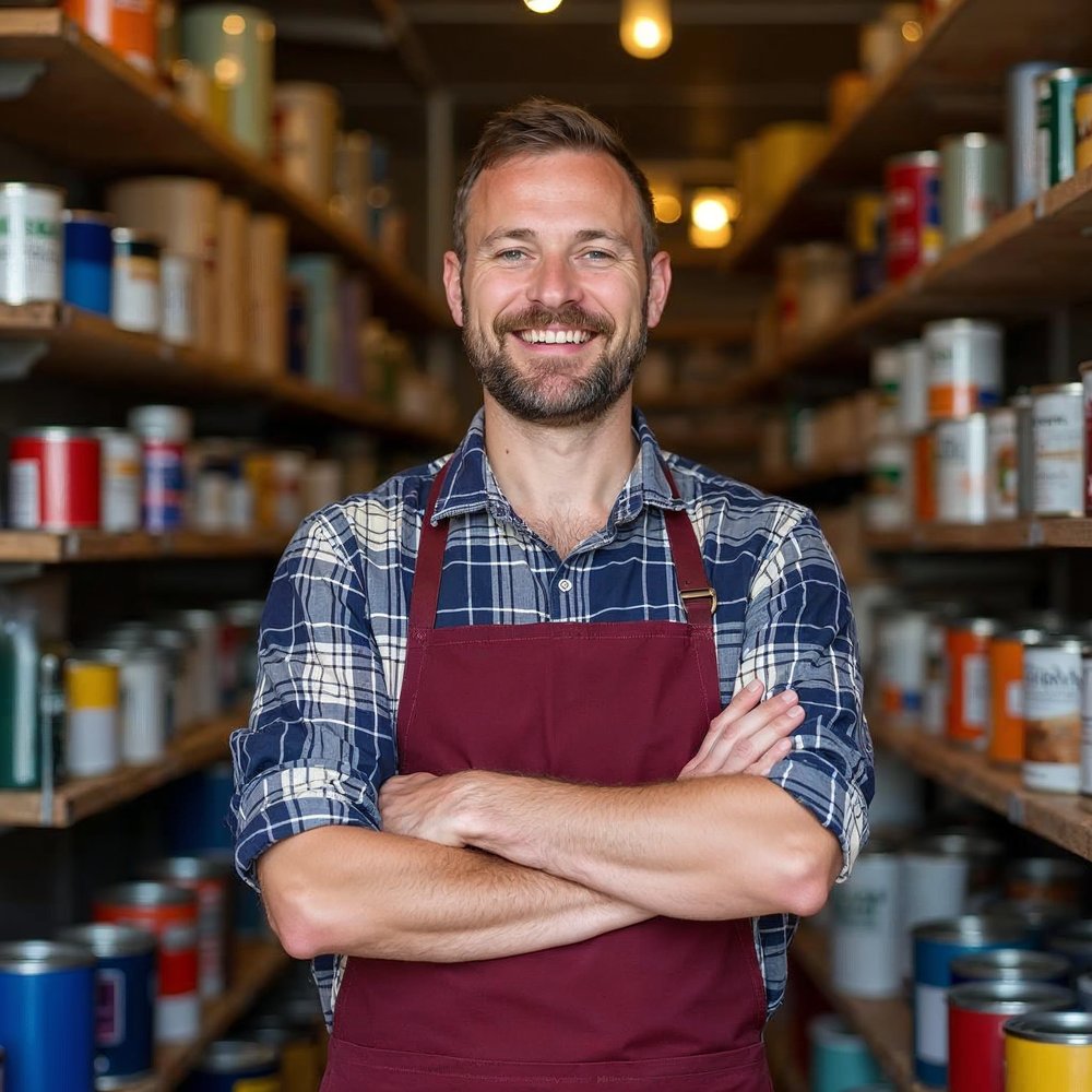 Smiling shop owner with a plaid shirt and maroon apron standing with arms crossed in front of shelves of colorful paint cans