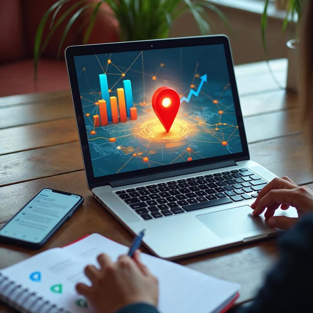 Laptop on a wooden table showing a glowing red map pin and a rising bar chart, with a phone and notebook beside it