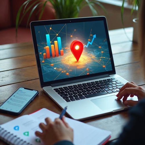 Laptop on a wooden table showing a glowing red map pin and a rising bar chart, with a phone and notebook beside it
