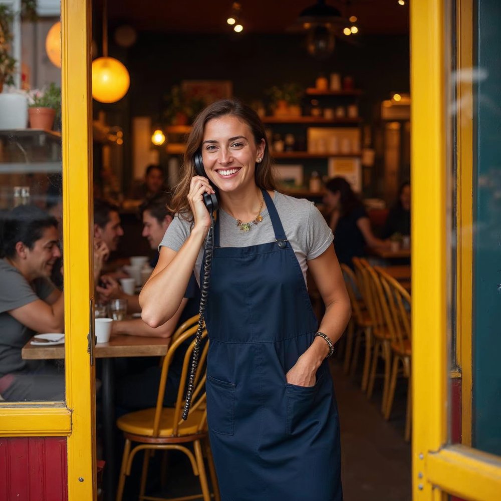 Smiling cafe owner in a navy apron on the phone at a yellow doorway while customers sit at tables behind her