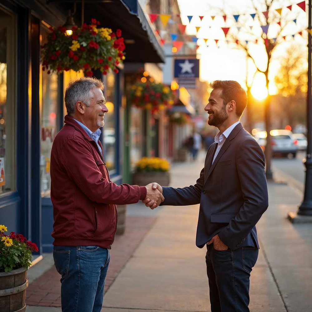Two men in a maroon jacket and navy blazer shaking hands on a sunny small-town street with a navy storefront, flower baskets and colorful flags