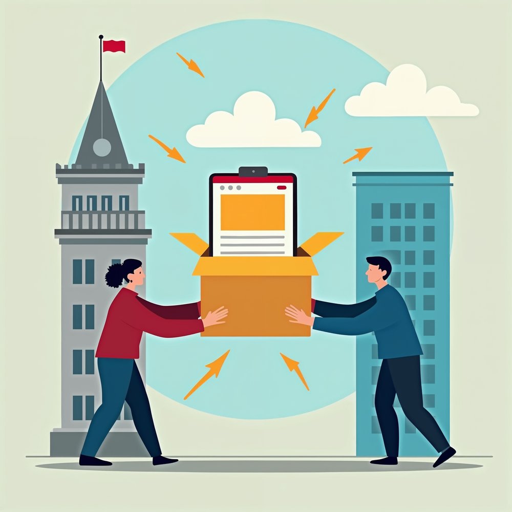 Illustration of two people carrying a box containing a website window from an old gray tower toward a new blue building under a blue sky