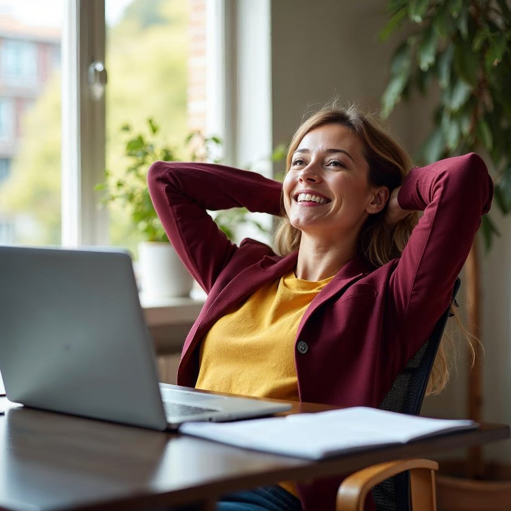 Smiling woman in a maroon blazer leaning back in her office chair with her hands behind her head in front of an open laptop