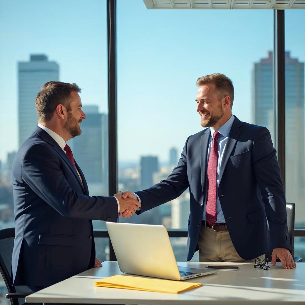 Two business people shaking hands in a bright office after agreeing on a payment