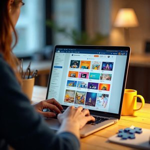 Person typing on a laptop that shows a gallery of colorful website theme tiles, with a yellow mug and blue puzzle piece nearby