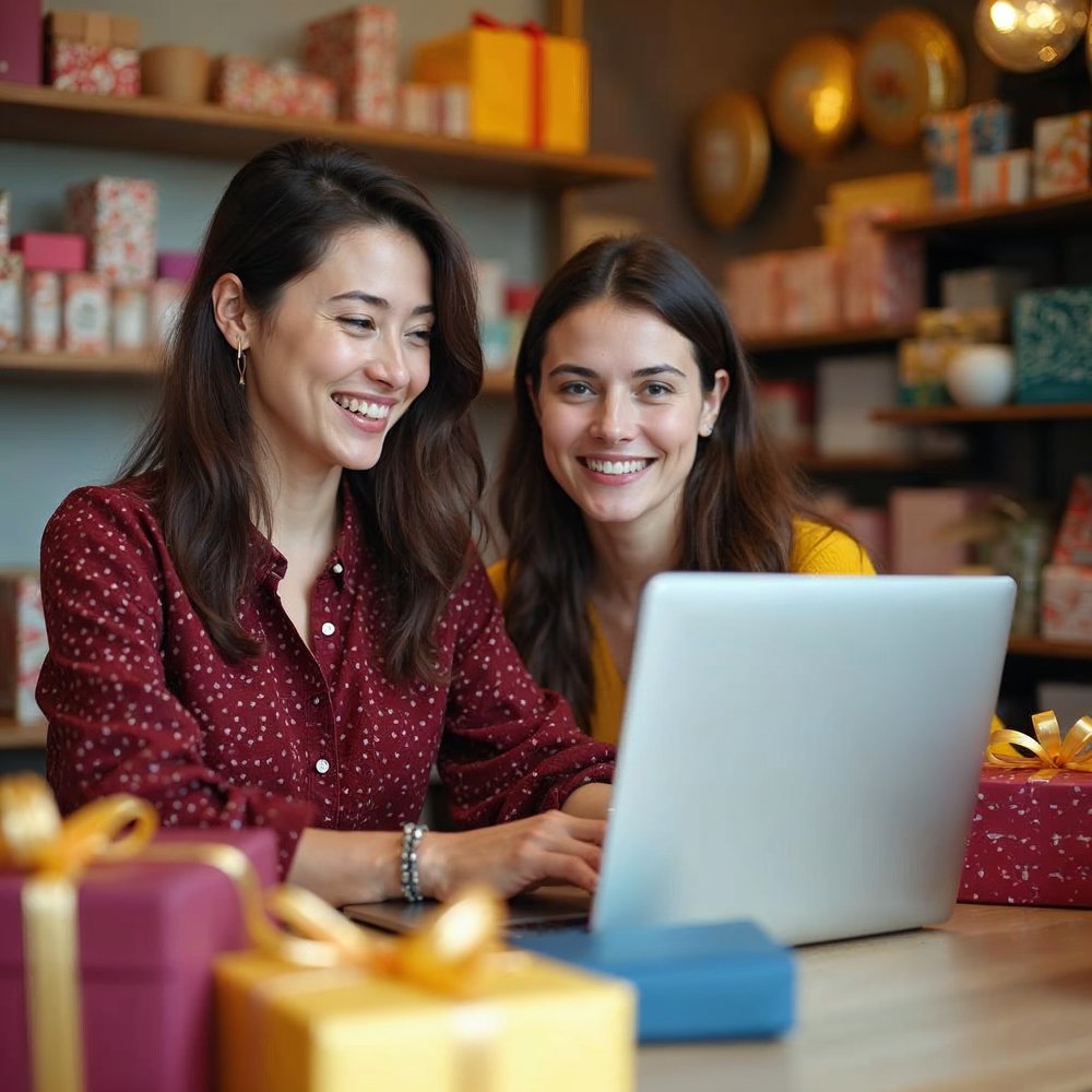 Two smiling women looking at a laptop in a gift shop filled with colorful wrapped presents and balloons on shelves behind them