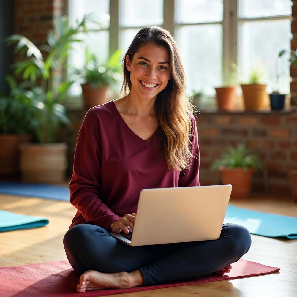 Smiling woman sitting cross-legged on a pink yoga mat with a laptop on her lap in a bright studio with large windows and potted plants