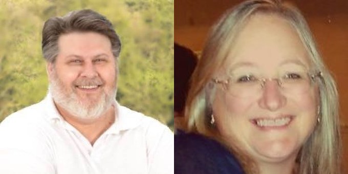 Rod Atwood, the bearded founder of Websnoogie, beside Tami Atwood, who wears glasses, both smiling