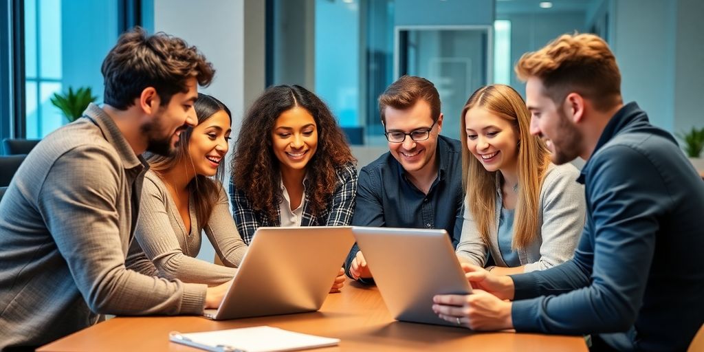 Diverse group collaborating on digital marketing strategies together.