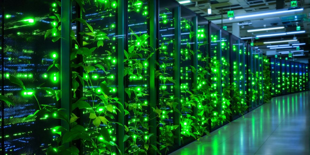 Eco-friendly server racks with plants, emphasizing sustainability.