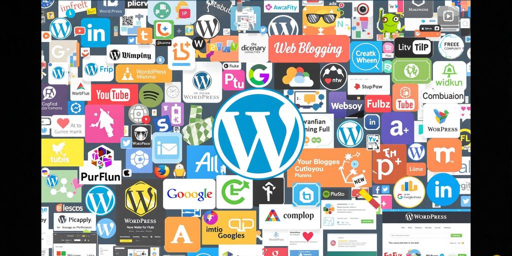 Colorful WordPress logos and themes in a dynamic layout.