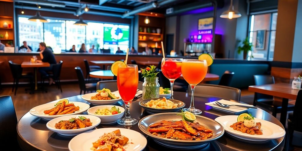 Vibrant restaurant table with food and drinks in Omaha.