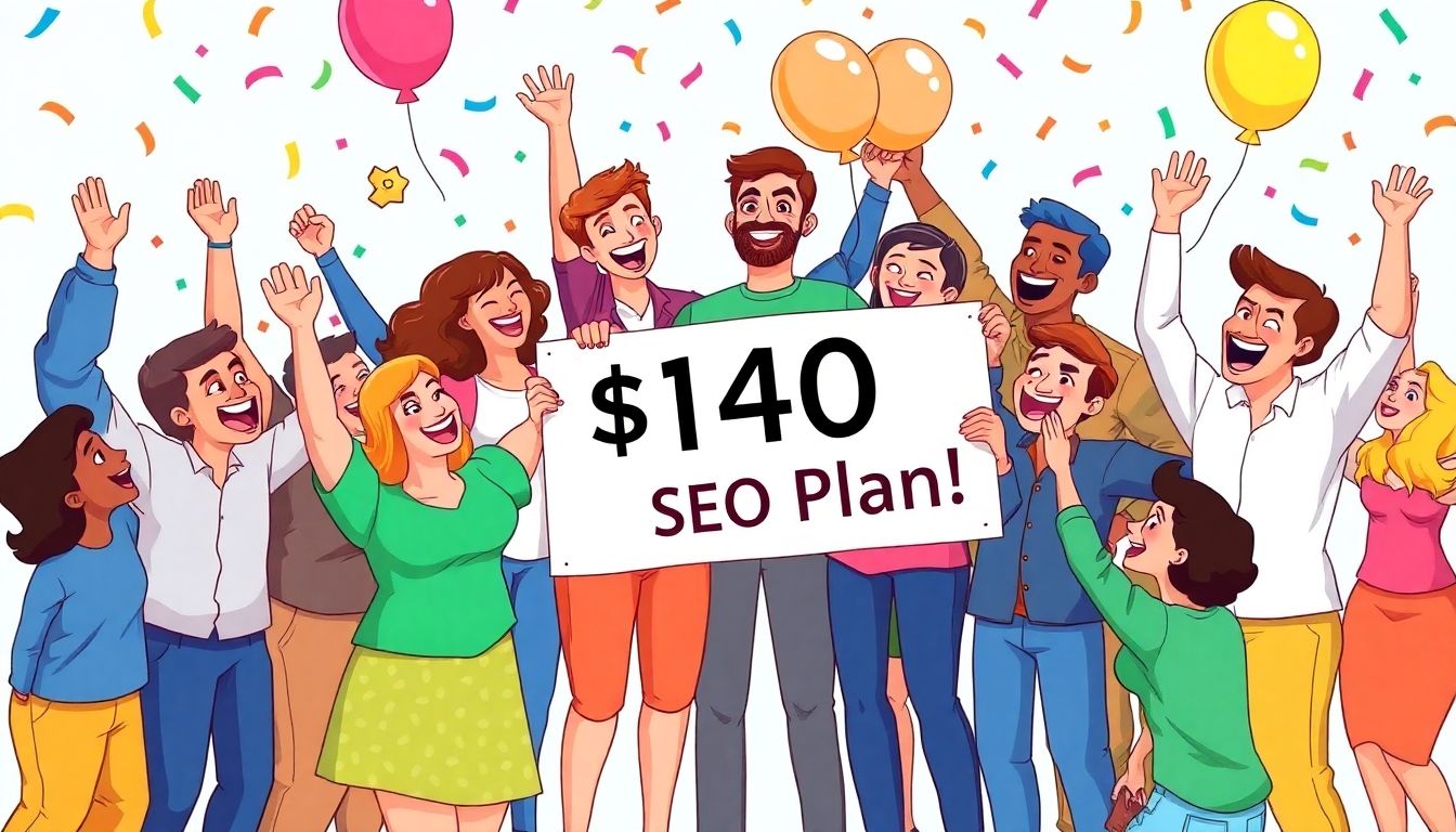 Cartoon of people celebrating SEO success for $190/month.