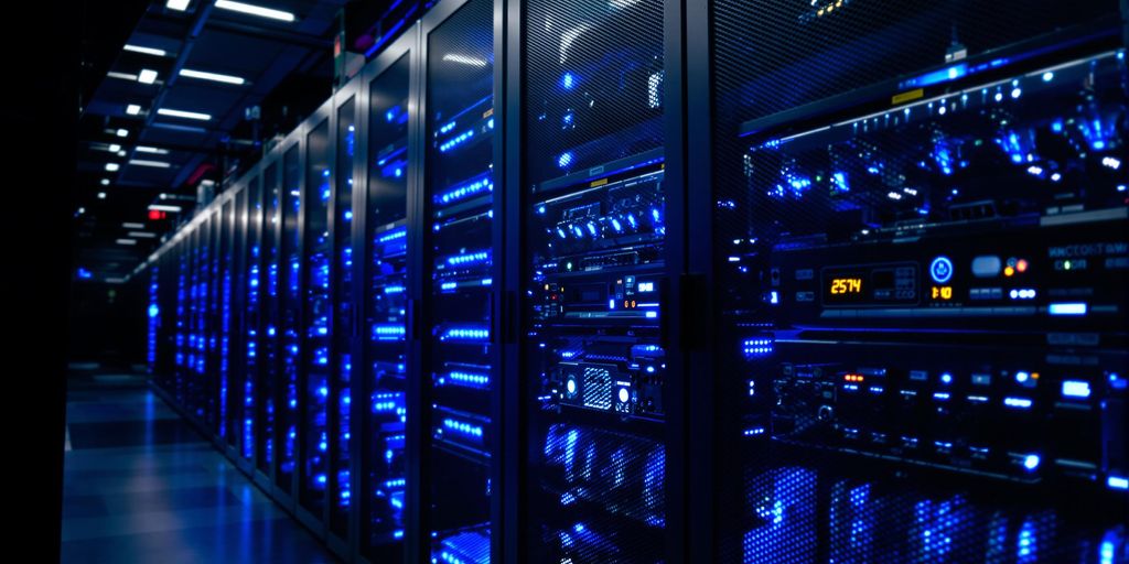 Modern server rack in a high-tech data center.