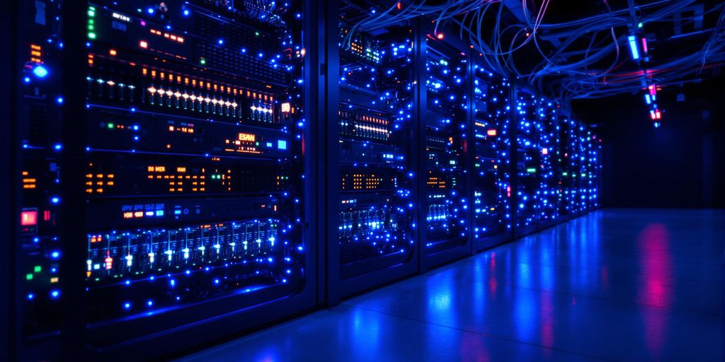 Web servers with glowing lights and organized cables.