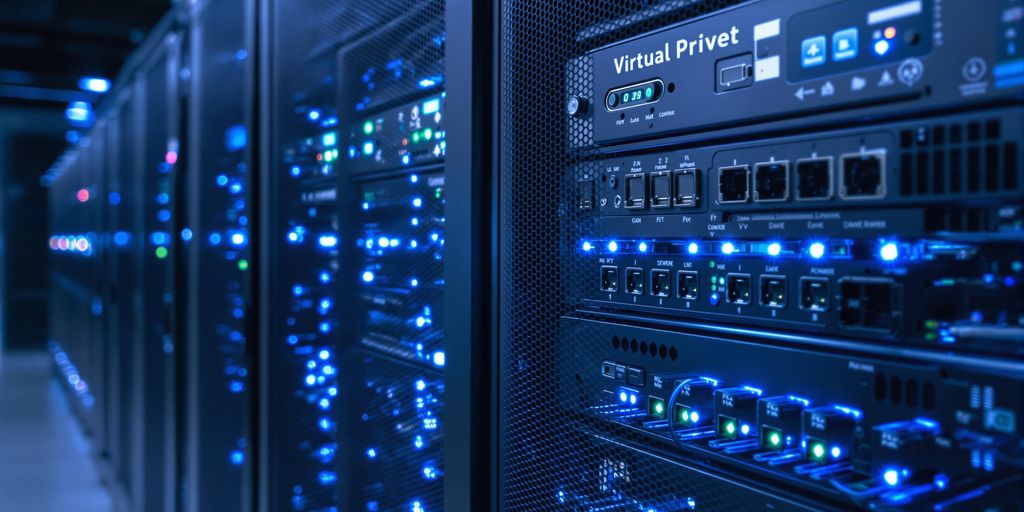Modern data center with virtual private servers in racks.